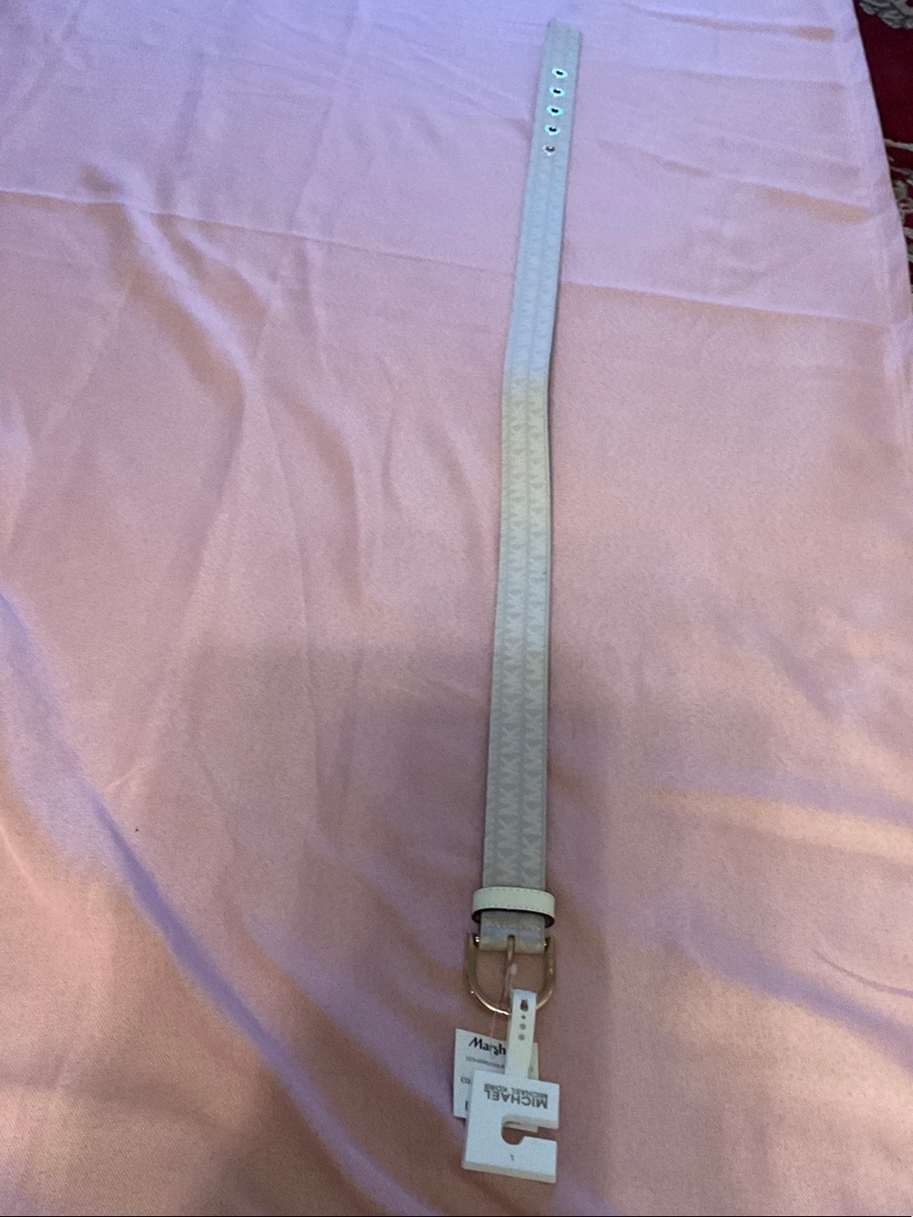 Michael Kors Light Beige Signature Logo Belt with Gold Buckle